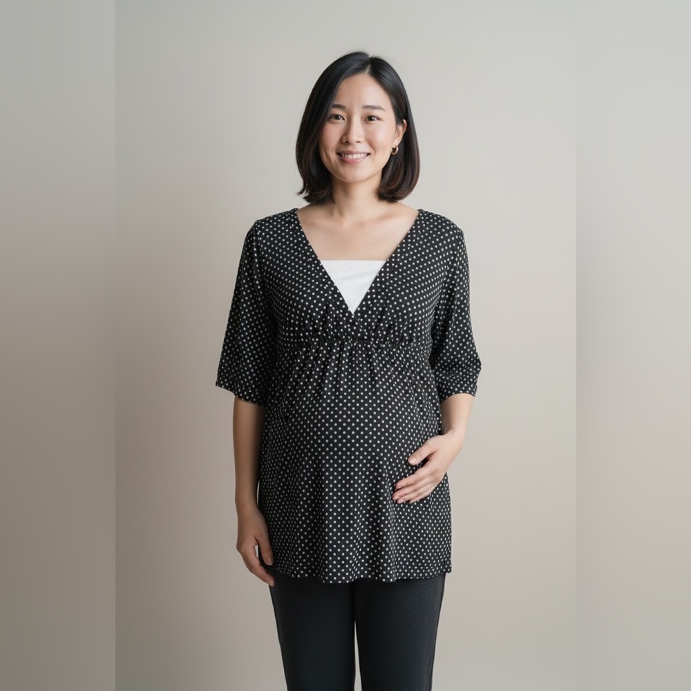 Belly by Design Maternity Top Medium Black White Polka Dot Empire Waist